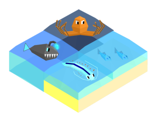 Square of terrain with electric eel, sea monster, and octopus in low poly style