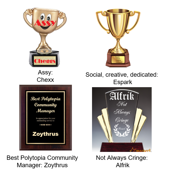 Assy: Chexx; Social, creative, dedicated: Espark; Best Polytopia Community Manager: Zoythrus; Not Always Cringe: Alfrik