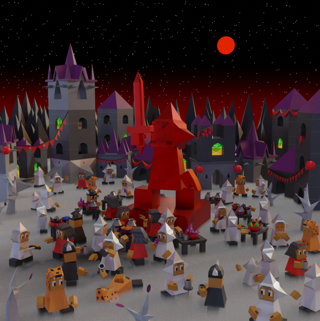 Vengir town square with large red swordsman statue surrounded by drunken polytopian revelers