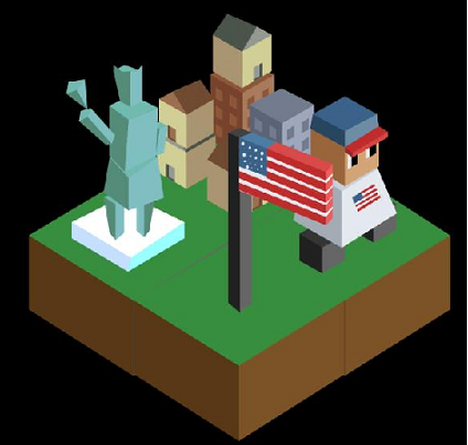 Fan made tribe art, with an american flag on a flage pole, a Statue of Libery type monument, and a figure wearing a basebal cap and T shirt with an American falg