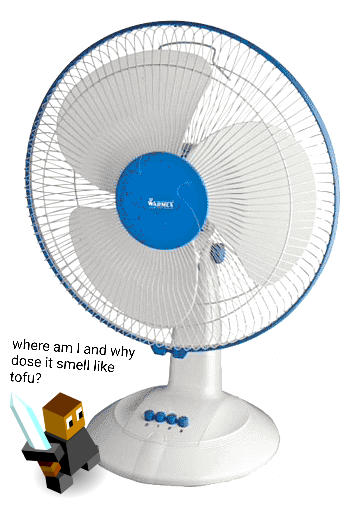 A Polytopia figure standing beside a desk fan