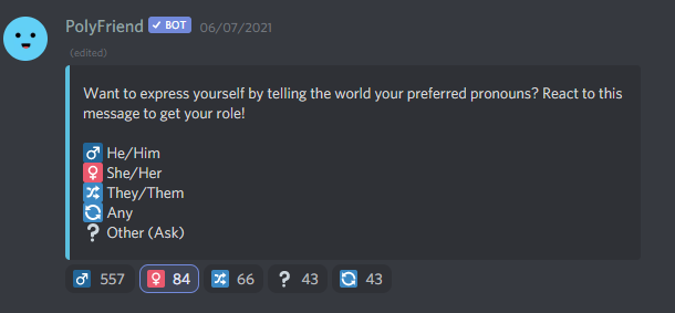 Screenshot of welcome screen from PolyMain. 557 chose he/him. 84 chose she/her. 66 chose they/them. 43 chose ask. 43 chose any.