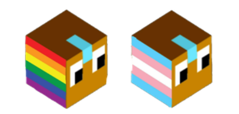 Ai-mo sprites, one with a rainbow colors on one side of its face, the other with blue, pink, and white stripes on it the side of its face