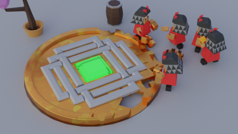 Digital art of several Xin-xi taking apart an giant Luxidoor coin