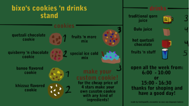 Menu for bixo's cookies and drinks shop