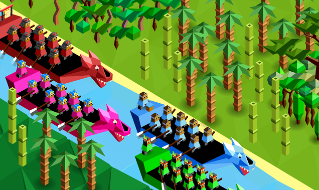 Four large kayaks, Pink, Red, Blue and Green, racing down a jungle river